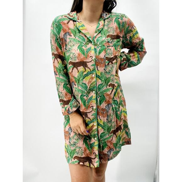 World Market S/M green Jungle Print Viscose Long Sleeve Night Shirt - Picture 7 of 8